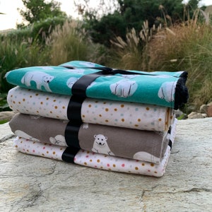 Polar Bears or Confetti Dots Organic Cotton Flannel Swaddling Blanket Trimmed with Mini PomPoms using Cloud 9 Northerly Fabric image 8