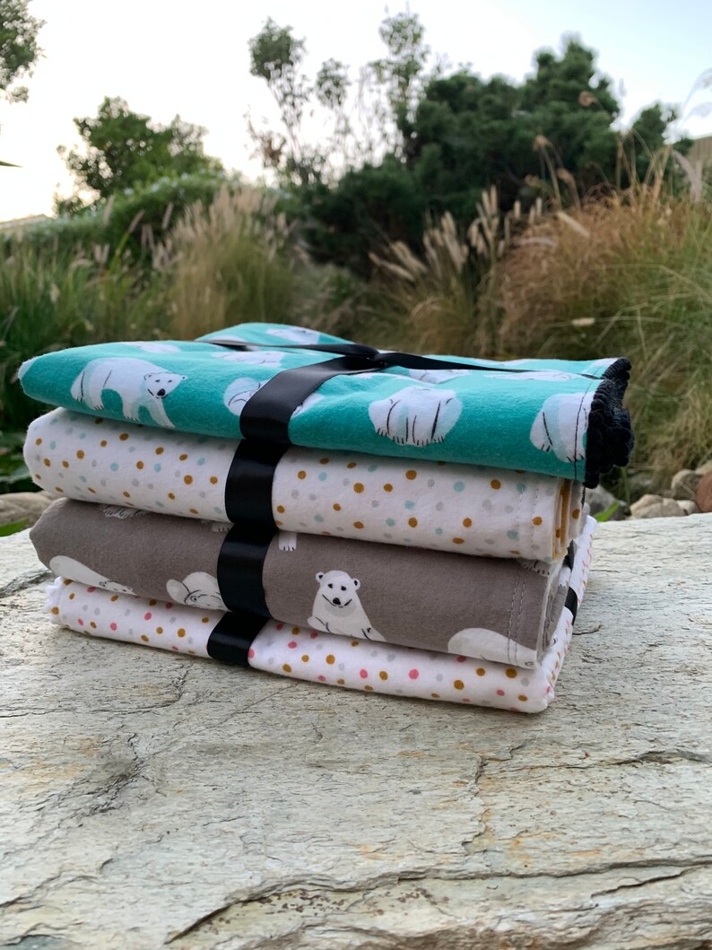 Polar Bears or Confetti Dots Organic Cotton Flannel Swaddling Blanket Trimmed with Mini PomPoms using Cloud 9 Northerly Fabric image 8