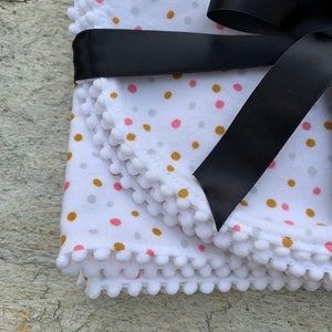 Polar Bears or Confetti Dots Organic Cotton Flannel Swaddling Blanket Trimmed with Mini PomPoms using Cloud 9 Northerly Fabric Pink Gold Gray Dots