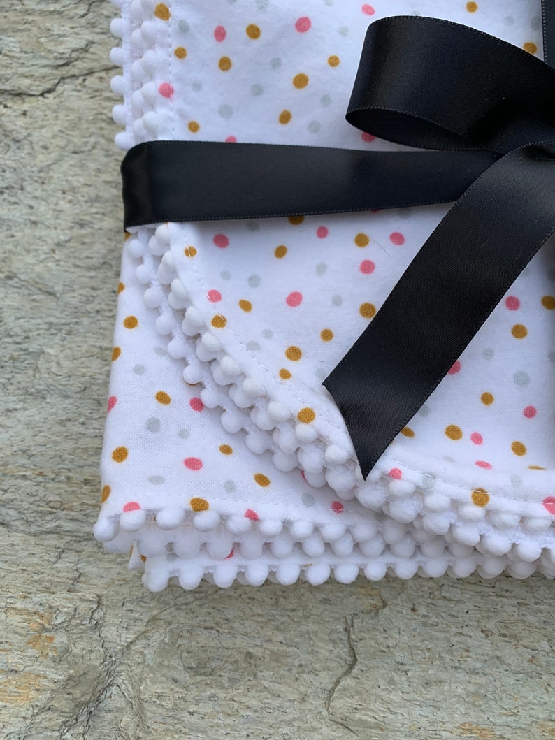Polar Bears or Confetti Dots Organic Cotton Flannel Swaddling Blanket Trimmed with Mini PomPoms using Cloud 9 Northerly Fabric Pink Gold Gray Dots