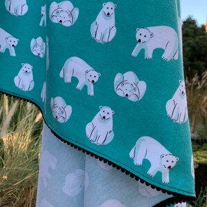 Polar Bears or Confetti Dots Organic Cotton Flannel Swaddling Blanket Trimmed with Mini PomPoms using Cloud 9 Northerly Fabric image 7