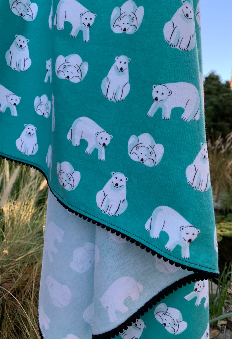 Polar Bears or Confetti Dots Organic Cotton Flannel Swaddling Blanket Trimmed with Mini PomPoms using Cloud 9 Northerly Fabric image 7