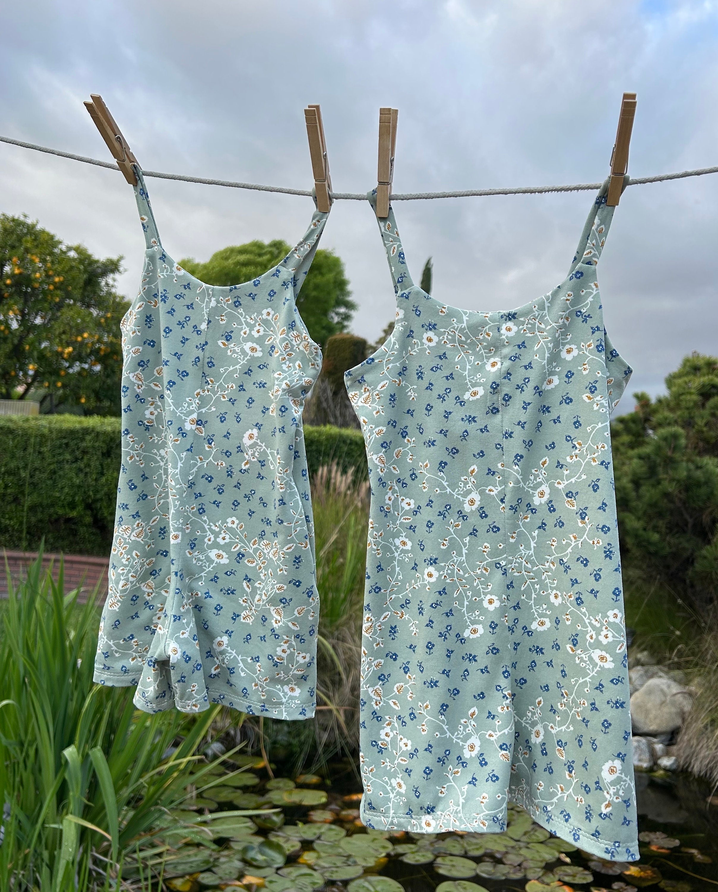Girl's Shortie Romper Slim Straps Scoop Front Easy On Off Sage Green Flowers