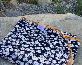 Organic Cotton Knit Baby Blanket Single Layer Knit with a Contrast Finished Edge Daisies and Butterflies on Navy Blue