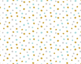 Blue Gray and Gold Confetti Dots on White 100% Organic Cotton Flannel From Cloud 9 Fabrics Northerly Collection Sold by the HALF Yard