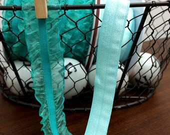 Color Coordinated Elastic Trims in Teal or Hot Pink 1" Elastic with Sheer Ribbon Ruffle Sold in 2 or 5 Yard Increments