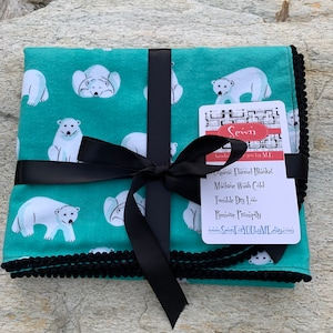 Polar Bears or Confetti Dots Organic Cotton Flannel Swaddling Blanket Trimmed with Mini PomPoms using Cloud 9 Northerly Fabric Polar Bear Turquoise