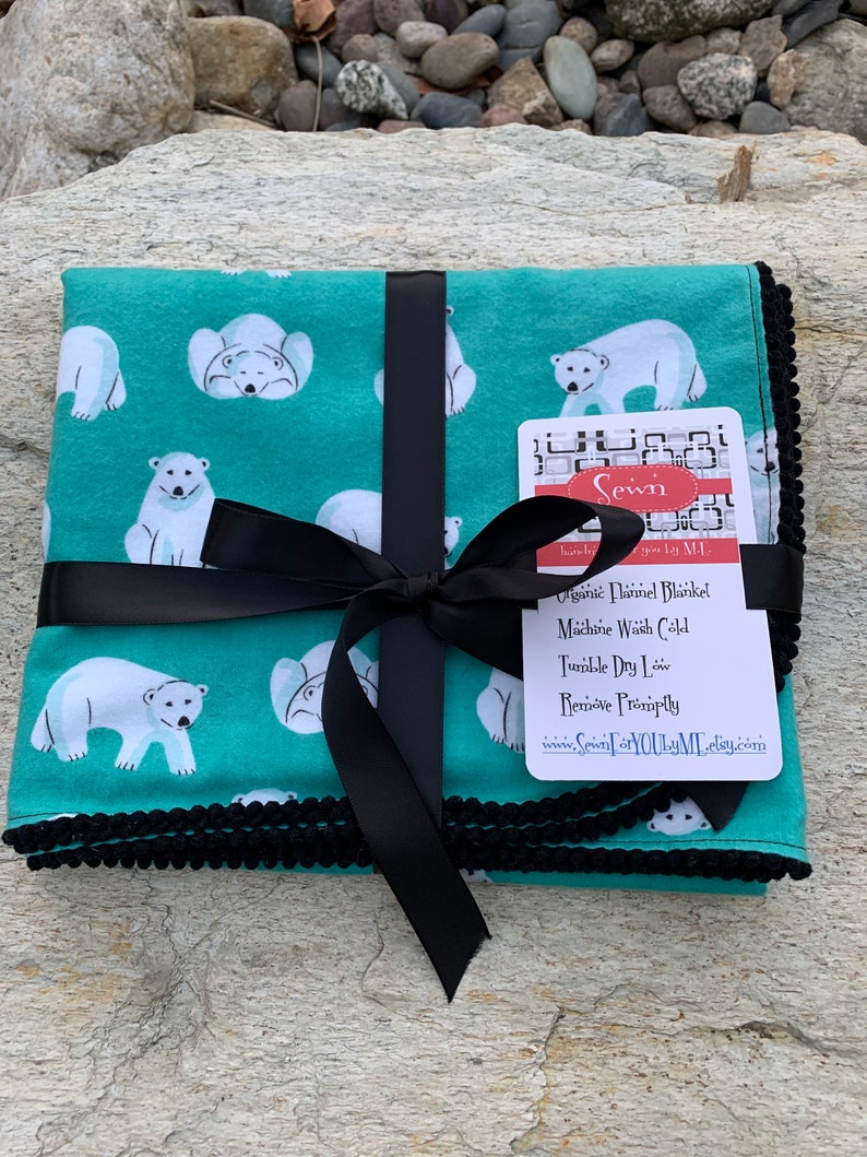 Polar Bears or Confetti Dots Organic Cotton Flannel Swaddling Blanket Trimmed with Mini PomPoms using Cloud 9 Northerly Fabric Polar Bear Turquoise