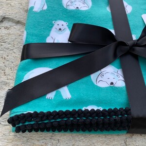 Polar Bears or Confetti Dots Organic Cotton Flannel Swaddling Blanket Trimmed with Mini PomPoms using Cloud 9 Northerly Fabric image 5