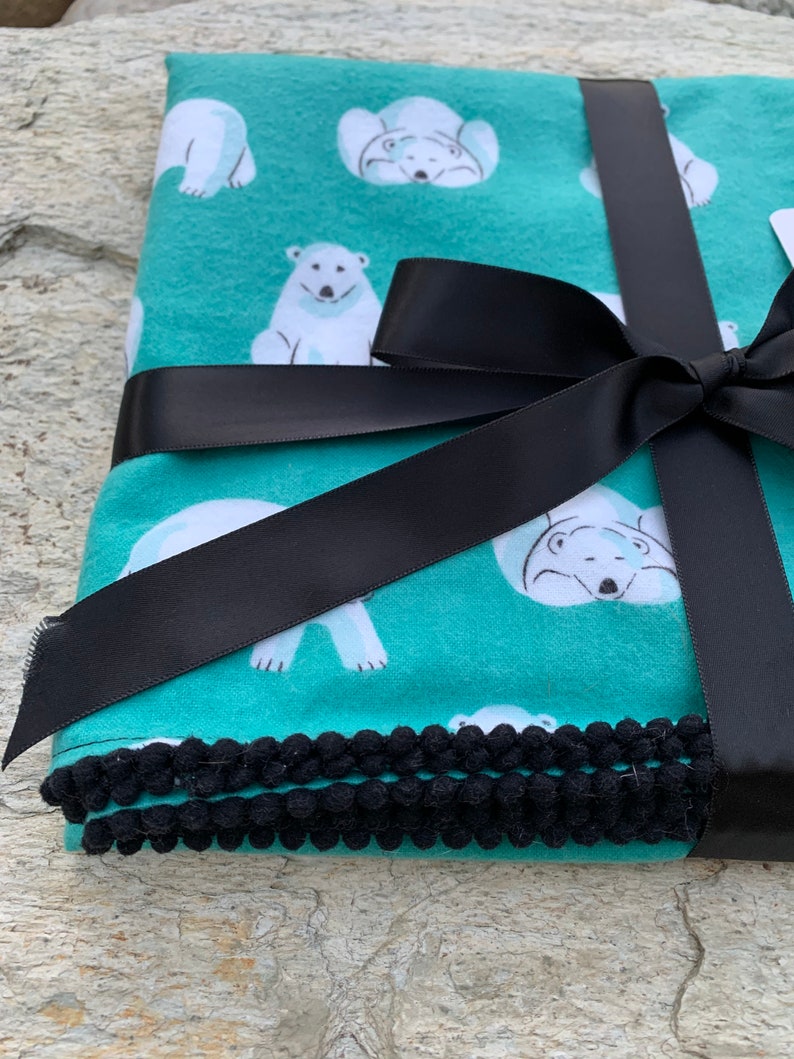 Polar Bears or Confetti Dots Organic Cotton Flannel Swaddling Blanket Trimmed with Mini PomPoms using Cloud 9 Northerly Fabric image 5