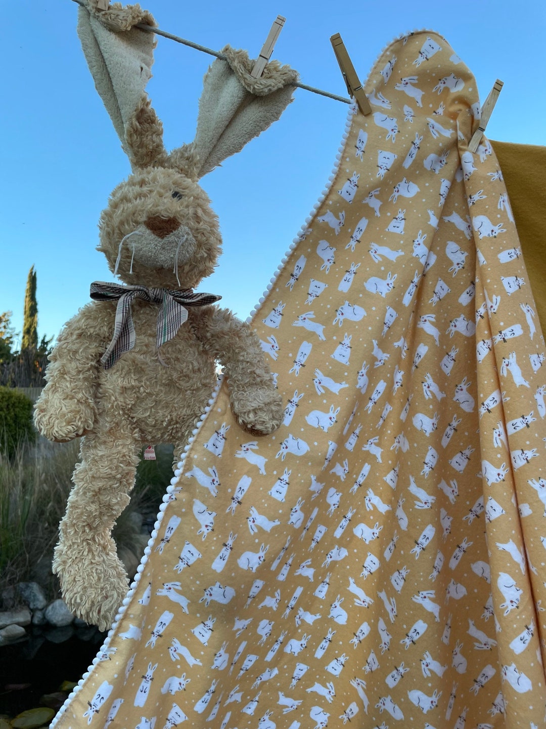 Rabbits Snow Hares Hop on Golden Organic Flannel Swaddling Blanket