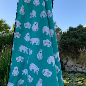 Polar Bears or Confetti Dots Organic Cotton Flannel Swaddling Blanket Trimmed with Mini PomPoms using Cloud 9 Northerly Fabric image 3