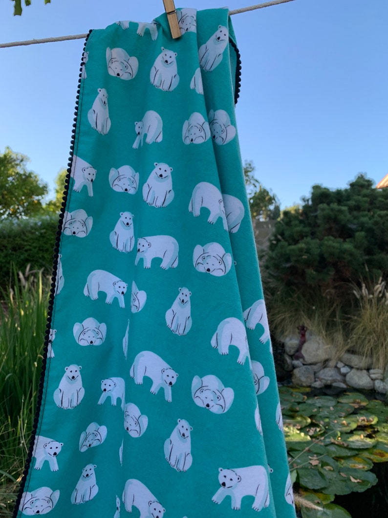 Polar Bears or Confetti Dots Organic Cotton Flannel Swaddling Blanket Trimmed with Mini PomPoms using Cloud 9 Northerly Fabric image 3