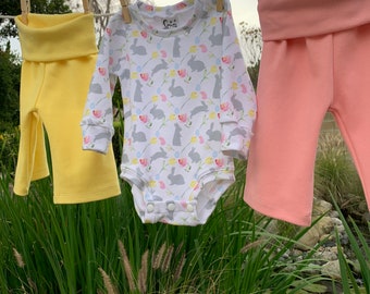 Long Sleeved Onesie with Spring Bunnies and Flowers Size 6 Months in a Soft French Terry Knit with Wide Legged Yoga Pants in Pink or Yellow