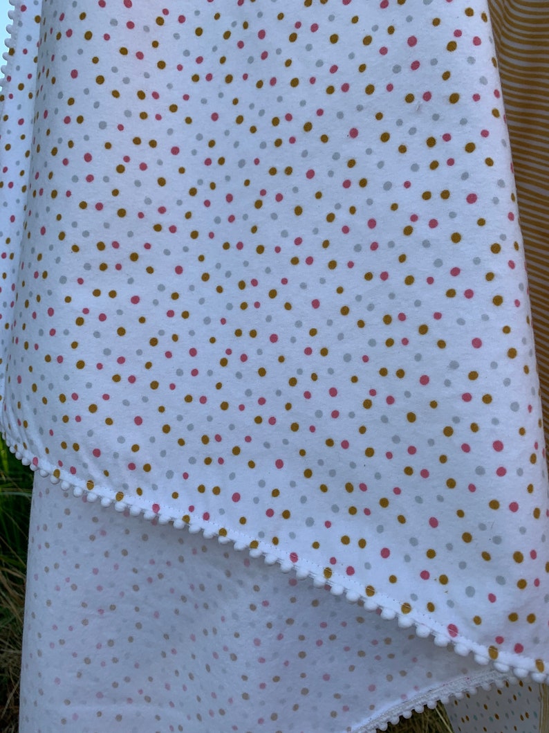 Polar Bears or Confetti Dots Organic Cotton Flannel Swaddling Blanket Trimmed with Mini PomPoms using Cloud 9 Northerly Fabric image 4