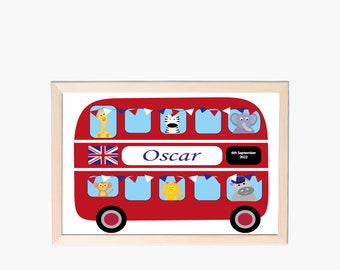 London Bus Print, Nursery Wall Art, Kids Name Print, Birth Print,Personalised,Safari Animals, Gift,