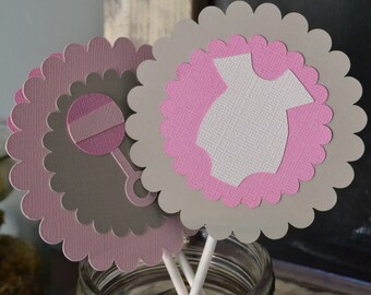 Baby Girl Shower Cupcake Toppers, Pink and Gray Cupcake Toppers, Baby Shower Cupcake Toppers