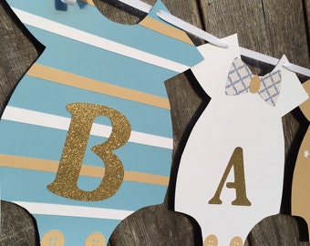 Baby Boy Shower Banner, Onesie Banner, Gender Reveal Banner, Blue, Tan, White and Gold Banner, Little Man Banner