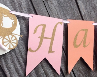 Estandarte de cumpleaños de cenicienta de oro, estandarte de cumpleaños de la princesa, estandarte de la princesa rosa y naranja, estandarte de la Cenicienta, estandarte de la zapatilla de cristal