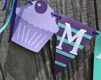 Cupcake Birthday Banner, Teal and Purple Birthday Banner