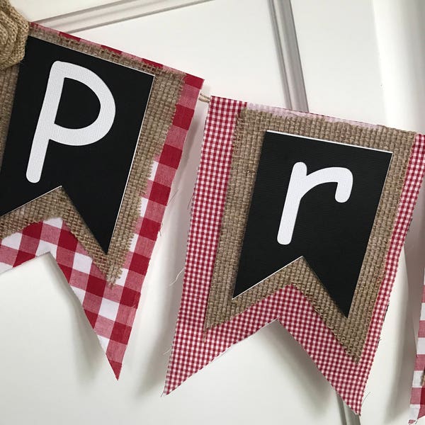 BBQ Banner, Gingham Print Picnic Banner, Burlap Banner, Red and White Gingham BBQ Banner