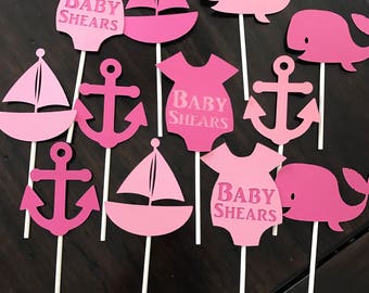 Nautical cupcake toppers, Pink Nautical Baby Shower, Nautical Themed party, Nautical birthday Party