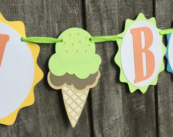 Banner de fiesta de verano, estandarte de cumpleaños de playa, estandarte de cumpleaños del cono de helado, diversión en el estandarte del sol, estandarte de la fiesta de la piscina