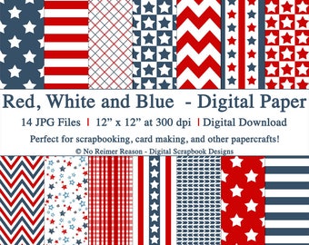 Digital Paper, Patriotic Pattern Background scrapbook, 12x12 stars, American United States Flag, military, Independence Day, 4th of July