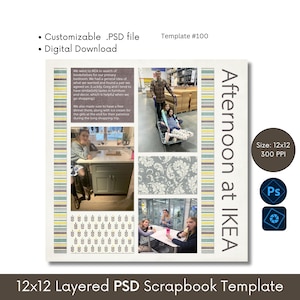 12x12 Digital Scrapbook Templates, Photobook Page Layouts, Photoshop PSD Photo Collage Template, Premade Page Layout Design, Template #100