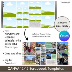 Könnte beinhalten: Eine digitale Scrapbook-Vorlage für Canva mit einem grünen und blauen Landschaftsdesign. Die Vorlage ist 12x12 Zoll groß und umfasst 2 Seiten. Der Text auf der Vorlage lautet "Kein Photoshop erforderlich! In der kostenlosen Online-Canva-App bearbeitbar. Ziehen und ablegen. Digitaler Download. Canva 12x12 Scrapbook-Vorlagen".