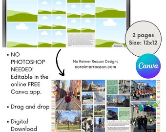 CANVA 12x12 Scrapbook Templates, Fully Customizable and Editable Photo Collage for Easy Scrapbooking, Premade Storyboard Page Layout #83