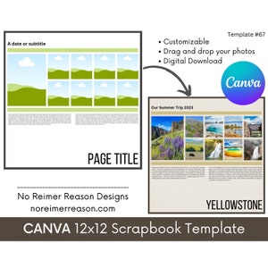 Könnte beinhalten: Eine Canva-Scrapbook-Vorlage mit einem grünen und blauen Landschaftsdesign. Die Vorlage ist für ein 12x12-Scrapbook und enthält eine Titelseite mit Platz für ein Datum oder einen Untertitel, einen Seitentitel und neun Fotoplätze. Die Vorlage enthält auch eine Seite mit einer Fotocollage des Yellowstone-Nationalparks, einem Titel "Our Summer Trip 2023" und Text über den Park. Die Vorlage ist anpassbar und beinhaltet einen digitalen Download.