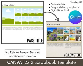 CANVA Template, 12x12 Scrapbook Layout, Photo Collage Page, Easy Scrapbooking With Premade Digital Scrapbook Template Editable in Canva