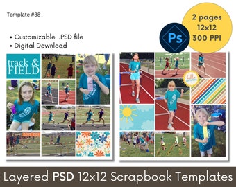 12x12 Digital Scrapbooking Layout Template, Premade Scrapbook Page Layout, Photoshop PSD scrapbook templatex 24x12 2 Page Collage #88