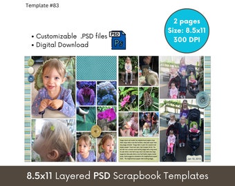 8.5x11 Digital Scrapbooking Page Layout Template, Photo Collage Photography Scrapbook Album Template, Editable PSD Photoshop Photobook Pages