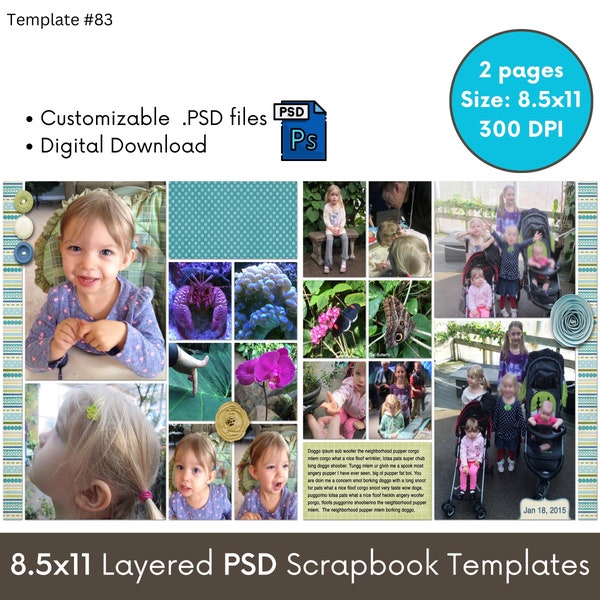 8.5x11 Digital Scrapbooking Page Layout Template, Photo Collage Photography Scrapbook Album Template, Editable PSD Photoshop Photobook Pages