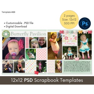 12x12 Digital Scrapbook Page Layout Template, Scrapbooking Photoshop Page, Photo Album Collage, Family Scrapbook Templates, Storyboard #89
