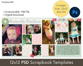 12x12 Digital Scrapbook Page Layout Template, Scrapbooking Photoshop Page, Photo Album Collage, Family Scrapbook Templates, Storyboard #89