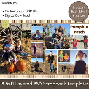 8.5x11 Digital Scrapbooking Template, Photo Collage Scrapbook Page Layout, Editable Photoshop PSD Template, Memory Album Photobook Page