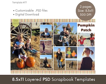 8.5x11 Digital Scrapbooking Template, Photo Collage Scrapbook Page Layout, Editable Photoshop PSD Template, Memory Album Photobook Page