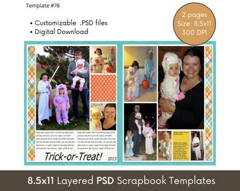 8.5x11 Digital Scrapbooking Template, Photo Collage Page Layout, 2 Page Scrapbook Photobook Album Layout, Photoshop PSD Scrapbook Template