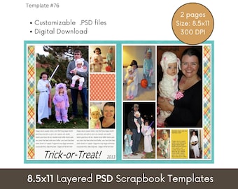 8.5x11 Digital Scrapbooking Template, Photo Collage Page Layout, 2 Page Scrapbook Photobook Album Layout, Photoshop PSD Scrapbook Template