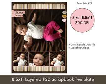 8.5x11 Digital Scrapbooking Page Layout Template, Photobook Baby Scrapbook Collage, Editable PSD Photoshop Template Download, Premade Page