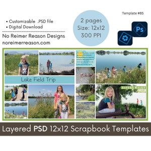 12x12 Digital Scrapbooking Template for Photoshop, Editable PSD file, Photo Collage Scrapbook Page Layout, Premade Template, Two Page Layout