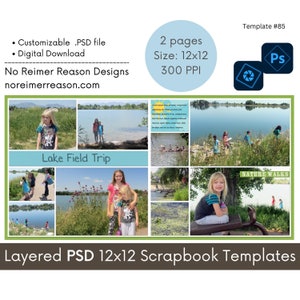 12x12 Digital Scrapbooking Template for Photoshop, Editable PSD file, Photo Collage Scrapbook Page Layout, Premade Template, Two Page Layout image 1