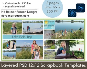 May include: A digital scrapbook template with a green, blue, and brown color scheme. The template features photos of children on a lake field trip. The text "Lake Field Trip" and "Nature Walks" is included in the template. The template is 12x12 inches and is a layered PSD file.