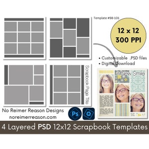 12x12 Digital Scrapbook Templates, Photobook Page Layouts, Photoshop PSD Photo Collage Template, Premade Page Layout Design, #98-101