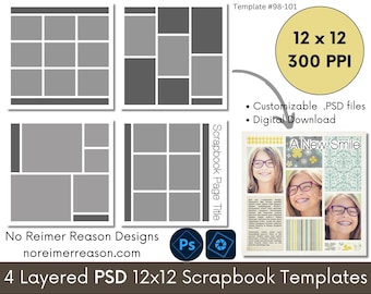 12x12 Digital Scrapbook Templates, Photobook Page Layouts, Photoshop PSD Photo Collage Template, Premade Page Layout Design, #98-101