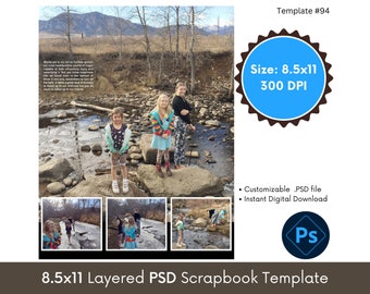 8.5x11 Digital Scrapbook Template Page Layout, Photoshop PSD Photo Collage Template, Photobook Album Premade Page #94