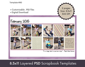 8.5x11 Digital Scrapbook Layout Template, Photobook Layout, Family Scrapbooking Page, Editable Photoshop PSD Template, Storyboard Collage